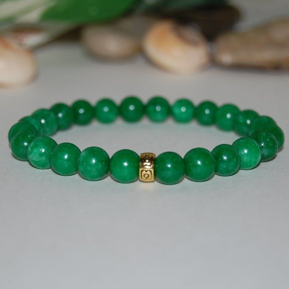 Jade Bracelet,Green Jade Bracelet,Golden Charm Jade Bracelet,8mm Beads - Picture 1 of 3
